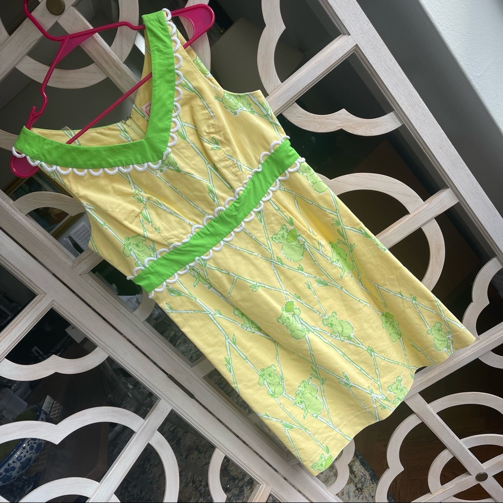 Lilly Pulitzer yellow and green cotton dress with white eyelet piping.